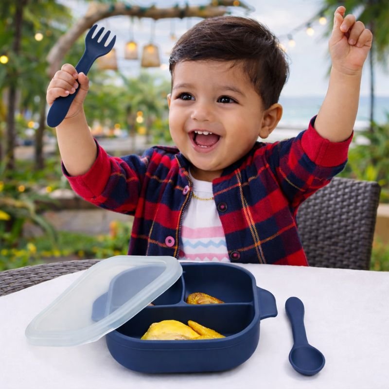 SPY KIDS® Silicone Suction Baby Bowl Set – 3-Section Bowl with Lid, Spoon & Fork | BPA-Free Tableware